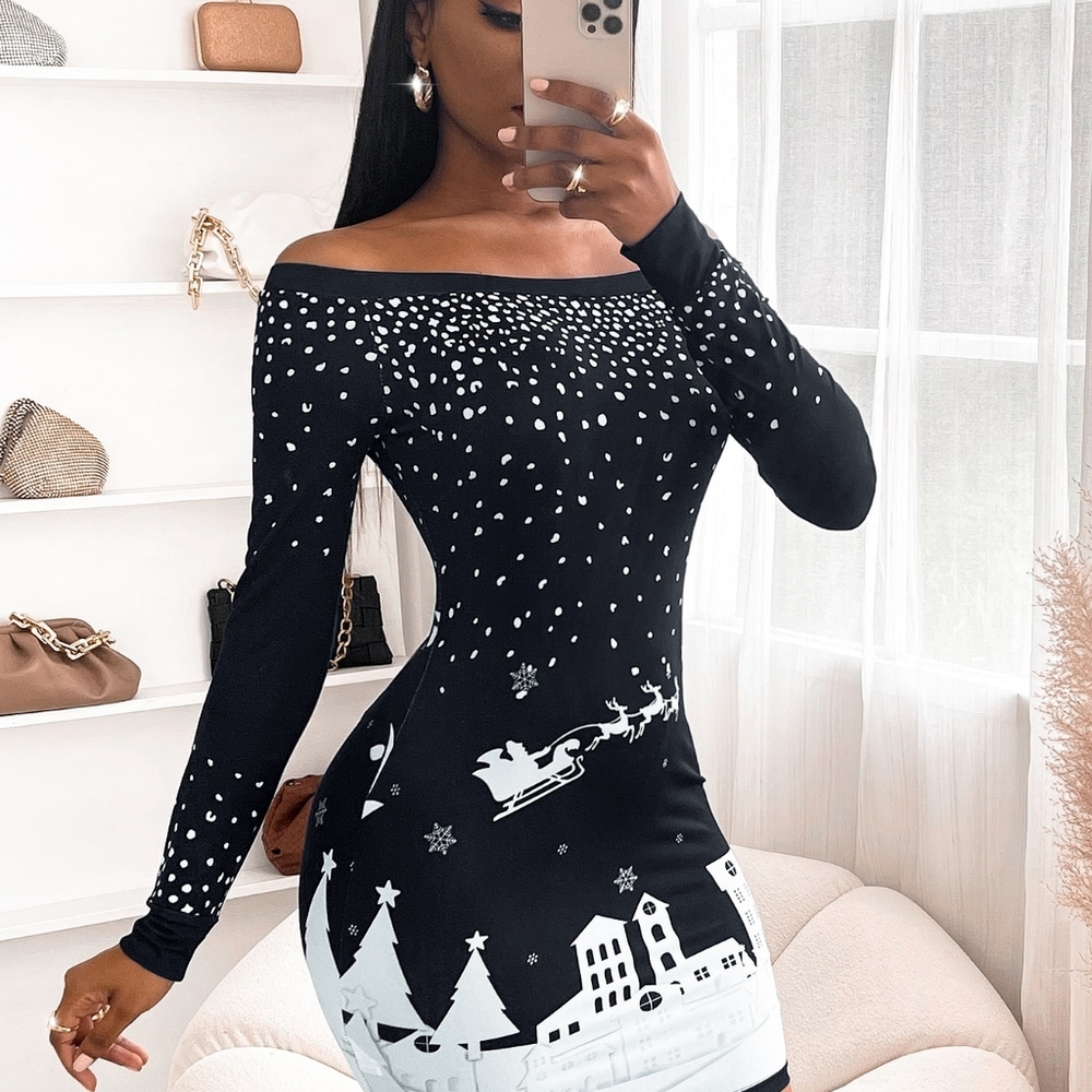 Christmas Graphic Off The Shoulder Bodycon Dress